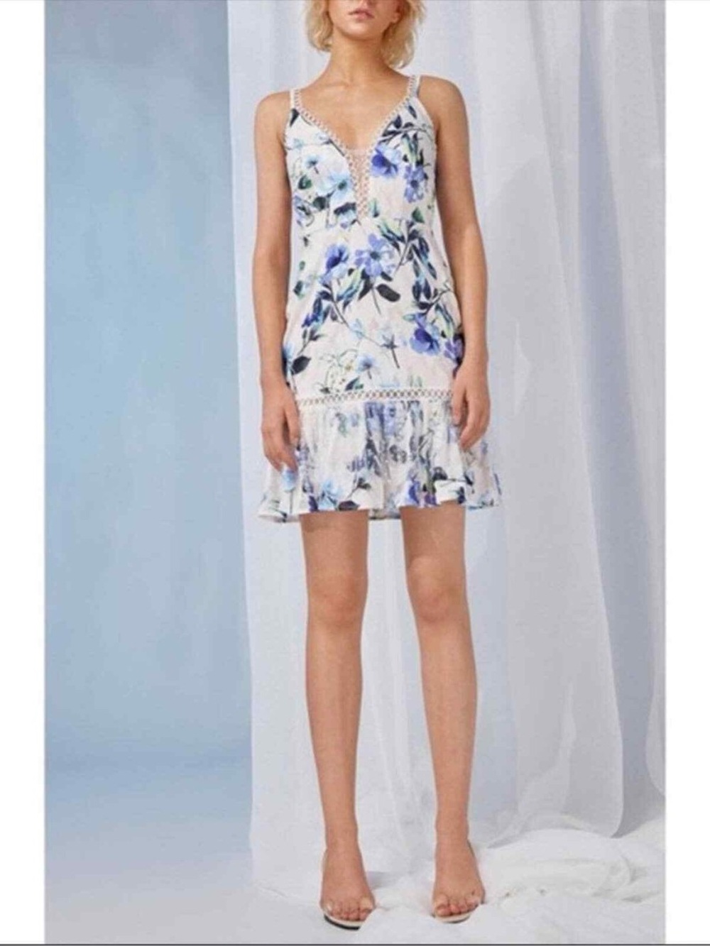 NWT Floral Lace-Trim Ruffle Slip Dress - Blue & Cream - Picture 3 of 13